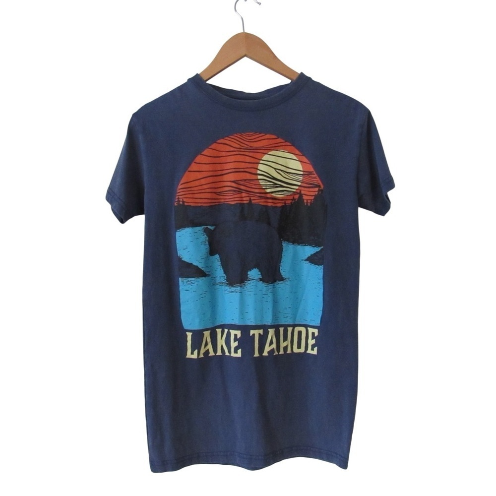Lake Tahoe Tee Womens Small Blue Short Sleeves Crewneck Bear Sunset Outdoor Trip